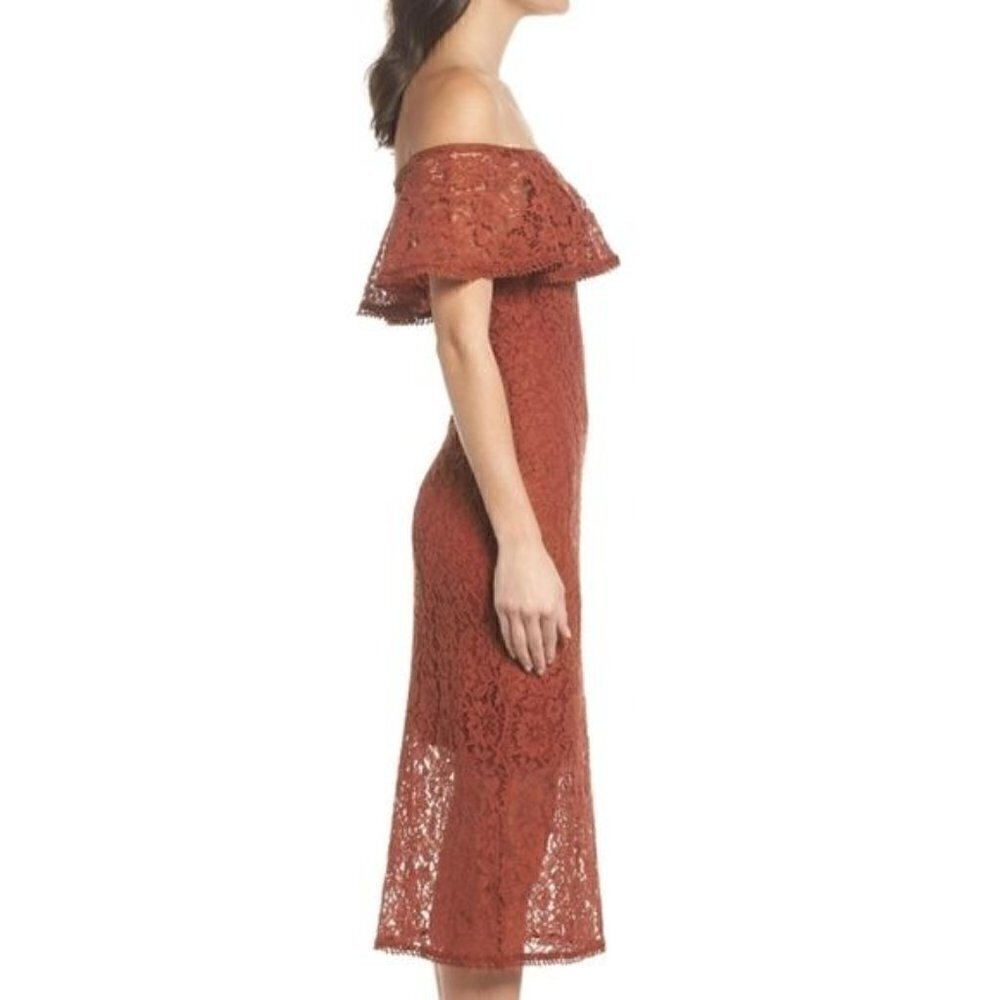 NSR Lace off shoulder midi dress cinnabar med - Picture 3 of 13